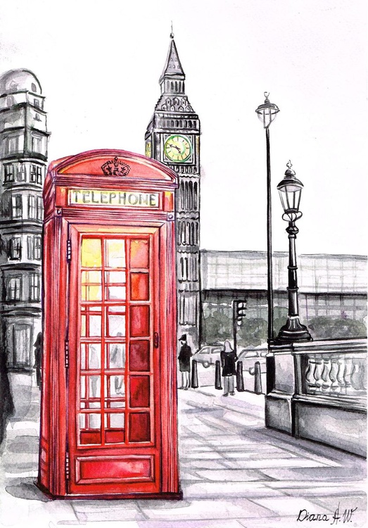 london red telephone box big ben original watercolour