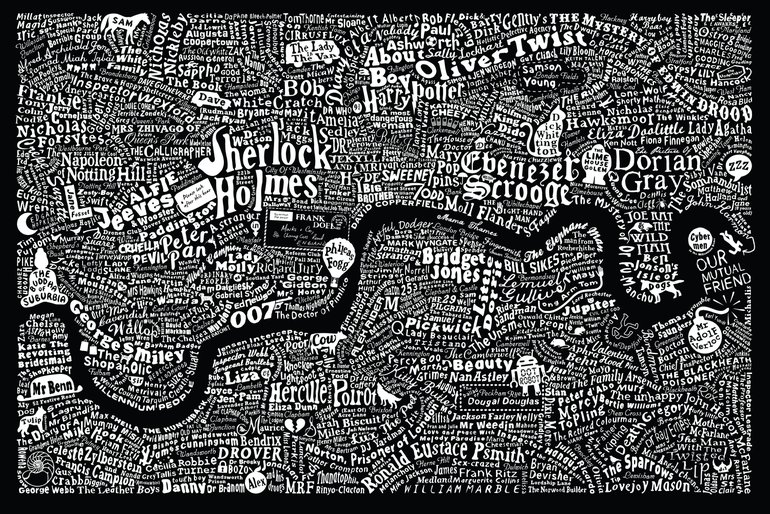 LITERARY LONDON MAP (Large black), Digital art (Giclée) by Dex | Artfinder