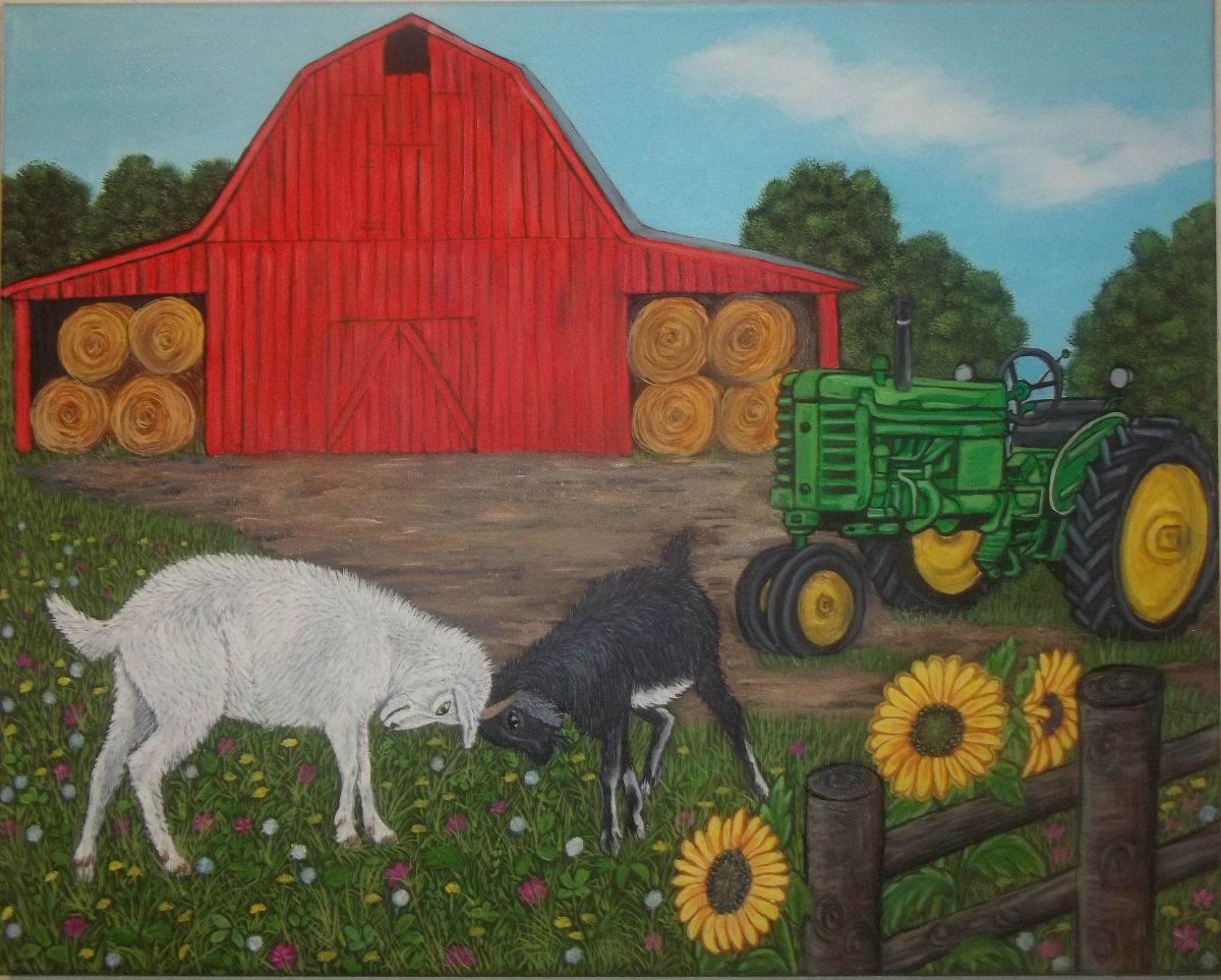 Farm scene with a Red barn, Goats, an Old tractor (2016 ...