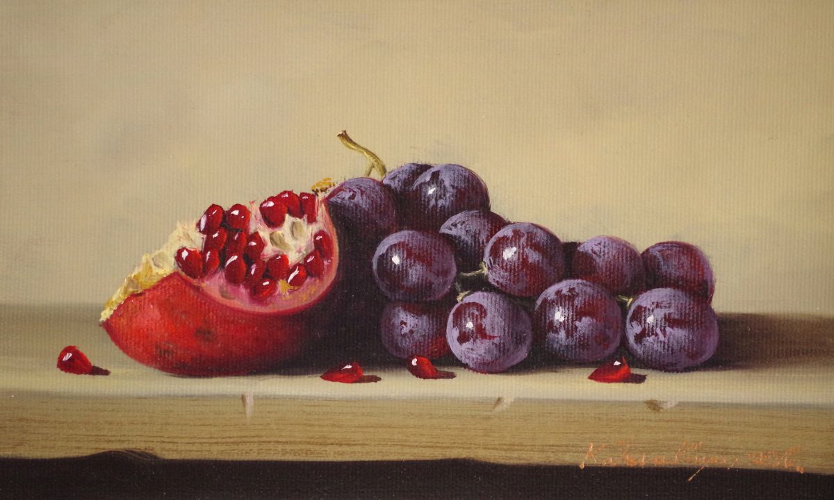 Still Life, Fruits, Pomegranate and Grapes Original oil ...
