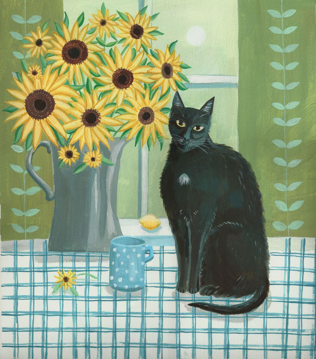 Black Cat with sunflowers (2016) Acrylic painting by Mary Stubberfield