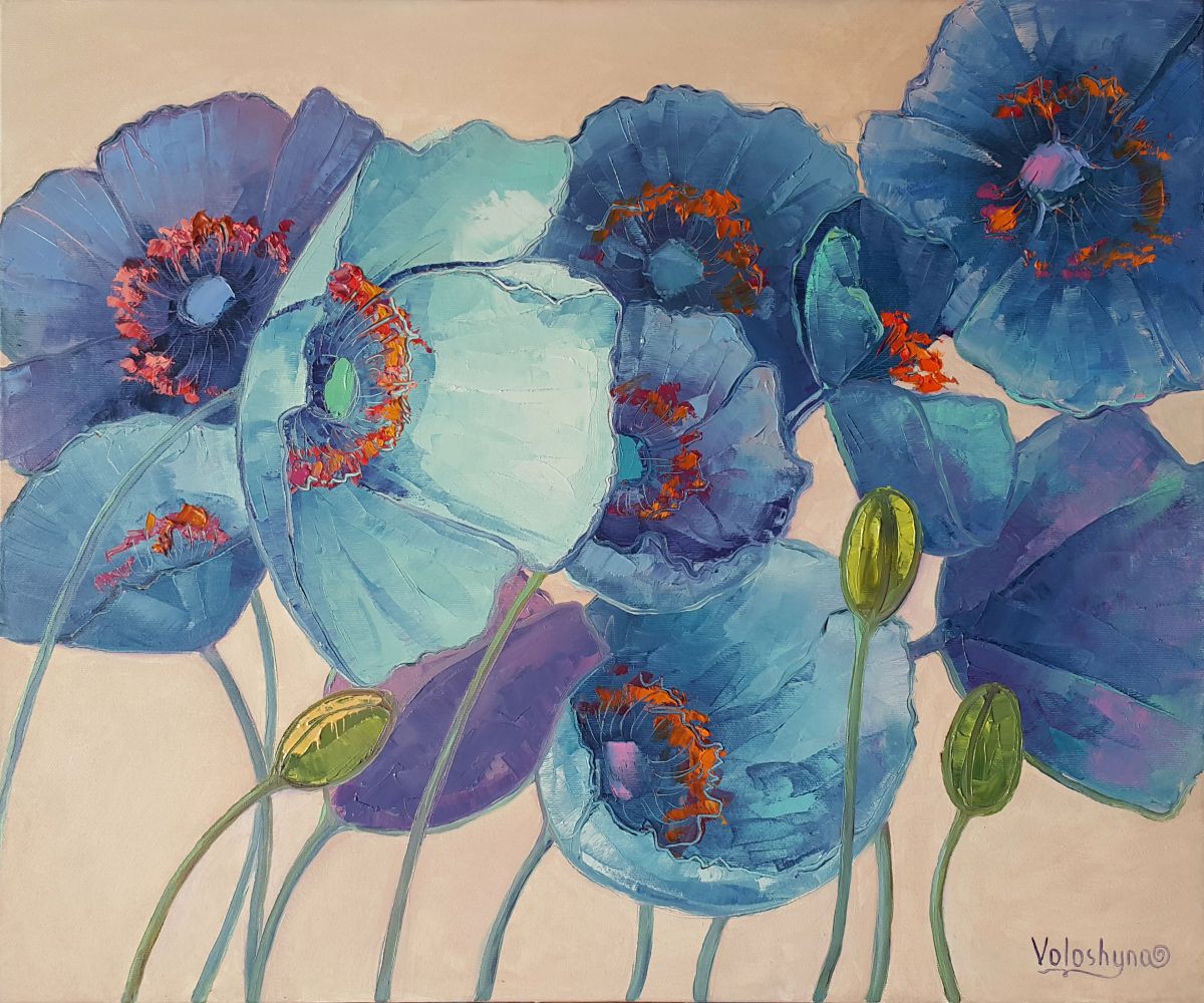 Blue poppies Oil painting by Mary Voloshyna | Artfinder