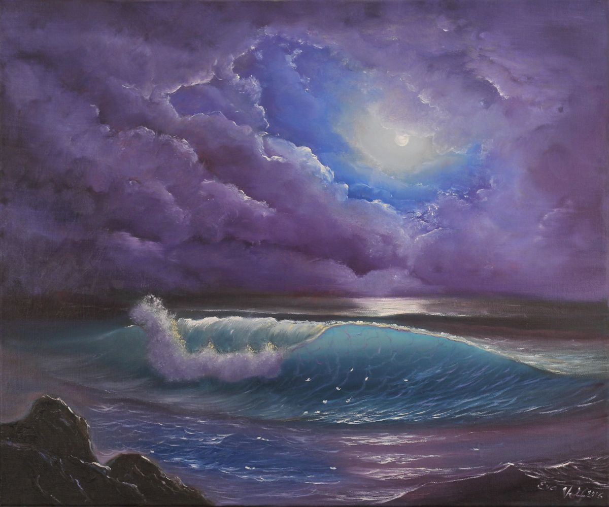 The Color of the Night, Ocean Wave Painting, Seascape Oil